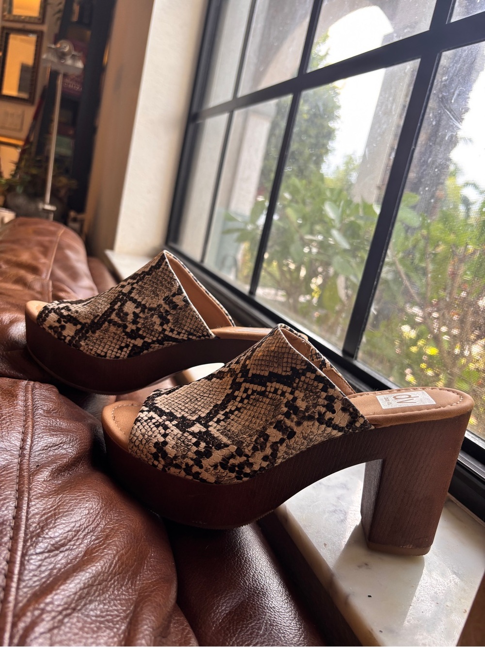 DV by Dolce Vita Beige and Black Snake-Print Platform Mules